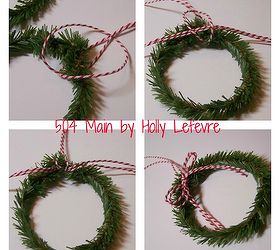 how to make mini wreath gift toppers, crafts, seasonal holiday decor, wreaths, Fold a piece of twine in half lay the wreath on top of it loop loose ends through the closed end and pull just a bit Fold the 24 piece in half and slip it under the strings Pull the loose strings tie bow with longer strings