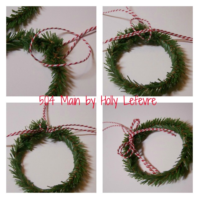 how to make mini wreath gift toppers, crafts, seasonal holiday decor, wreaths, Fold a piece of twine in half lay the wreath on top of it loop loose ends through the closed end and pull just a bit Fold the 24 piece in half and slip it under the strings Pull the loose strings tie bow with longer strings