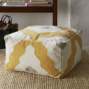 west elm gray yellow and brown living room design, home decor, living room ideas, painted furniture, West Elm Bazaar pouf