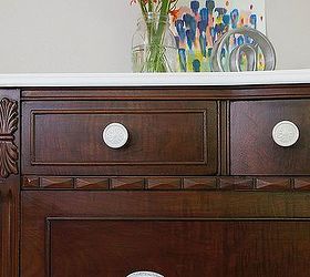 a dark wood dresser with a white top, painted furniture, woodworking projects, contrasting white pulls and top against the dark stained wood
