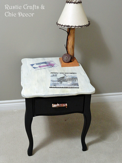 my end table makeover, painted furniture, rustic furniture, The finished table with rubbed on images using freezer paper