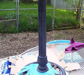 i love to do fused glass i made this bird bath then took an old cast iron bird bath, crafts, outdoor living, Taped it off