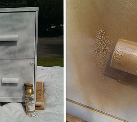 glamorous file cabinet makeover, painted furniture, Step 2 add the gold paint where you want your overlay design to appear I attempted to use Gold spray paint but it cracked I assume the cabinet was not clean enough or it was too hot out I sanded away the crackle