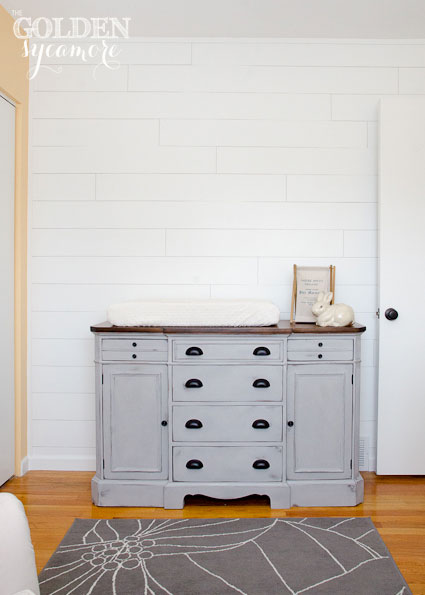 a handmade gender neutral nursery room reveal, bedroom ideas, home decor, We installed the wood plank wall and refinished the dresser to use as a changing table