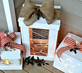 make pretty light up wooden presents for your porch, lighting, porches, seasonal holiday decor, All tied a little differently on top