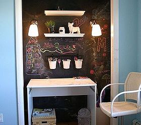 simple storage and lighting ideas for a pre teen cloffice, chalk paint, chalkboard paint, home decor, painting, shelving ideas, storage ideas, Some wall mounted plug in lamps were added The cords will be hidden with cord covers and painted over with chalkboard paint All that is left is the desktop