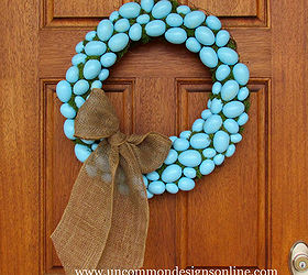 how to make a faux robin s egg blue wreath itching4spring, crafts, easter decorations, seasonal holiday decor, wreaths, Finished egg wreath with adorable burlap bow