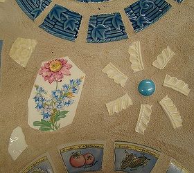 mosaic table for the patio or garden, outdoor furniture, painted furniture, tiling, made extra flowers with the textured edges of plates and bobbles