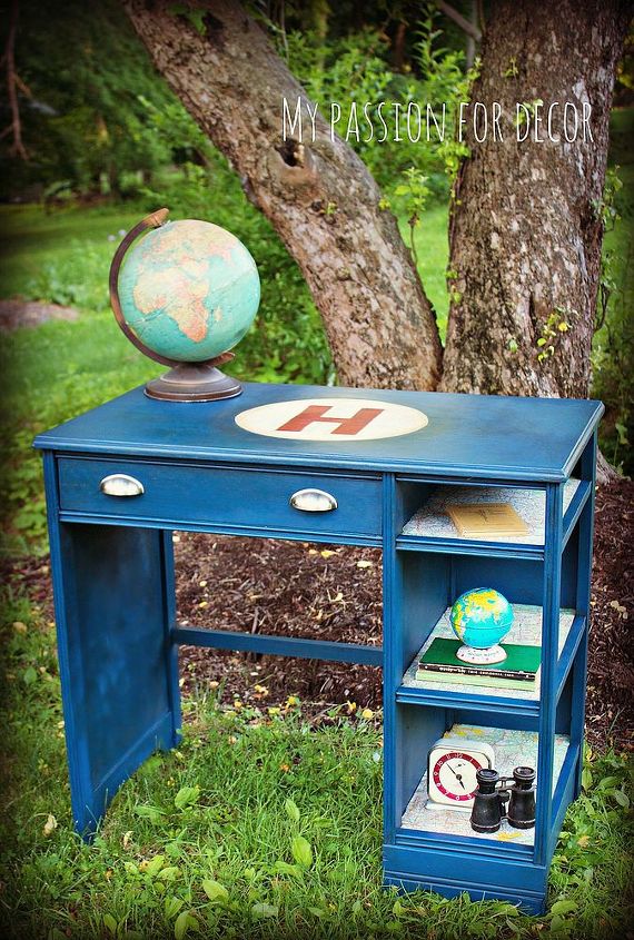 vintage gas station map desk, chalk paint, painted furniture, Painted in Chalk Paint by Annie Sloan in Napoleonic Blue Old White and Emperor s Silk