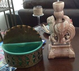 bragging about my flea market finds all this and 2 more boxes 14 00, Yes a wall pocket and a griffin candle holder Score