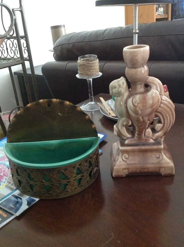 bragging about my flea market finds all this and 2 more boxes 14 00, Yes a wall pocket and a griffin candle holder Score