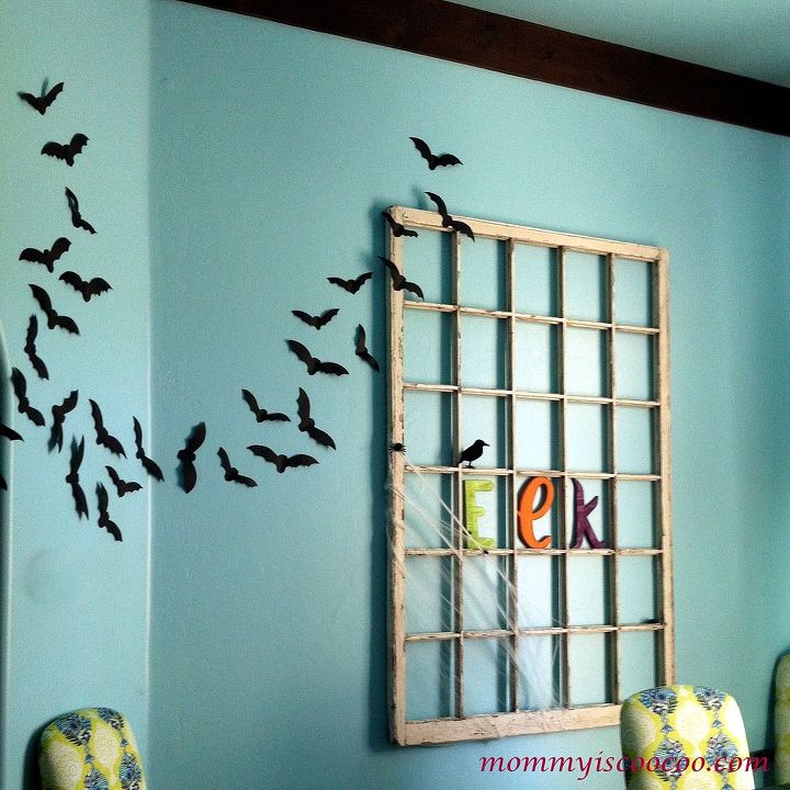 halloween decorating ideas home tour, halloween decorations, seasonal holiday d cor, wreaths, Paper bats with a large upcycled window Wow My favorite
