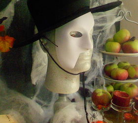 fall decor and a masquerade, seasonal holiday d cor, Butch got a Phantom mask and a black hat which covers the hole in the top of his head