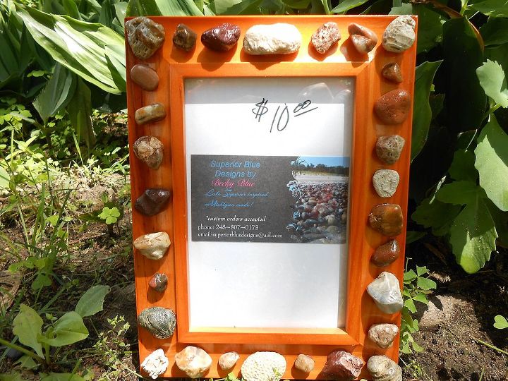 my lake superior rock collection, crafts, home decor, pallet, repurposing upcycling, Reddish wood based 4x6 photo frame single row of rock example only Donated for raffle