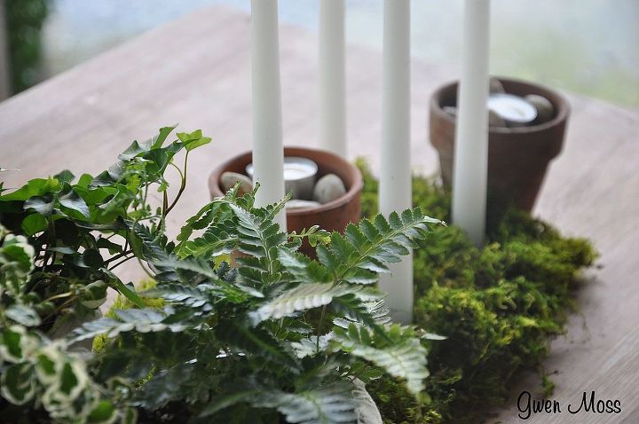 how to make a moss centerpiece for your next garden party, crafts, gardening, outdoor living, vintage clay pots filled with white pebbles and candles