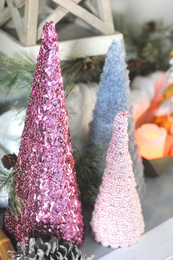 easy ribbon trees, christmas decorations, crafts, seasonal holiday decor, There s actually two versions of the ribbon tree This one is made simply by wrapping cardboard cones with ribbon trim