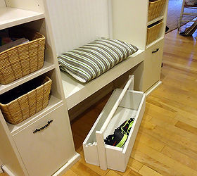streamlining our entryway, foyer, shelving ideas, storage ideas, The toolbox is perfect for dropping shoes in when we are in a rush and great for toting all the shoes upstairs when they start piling up