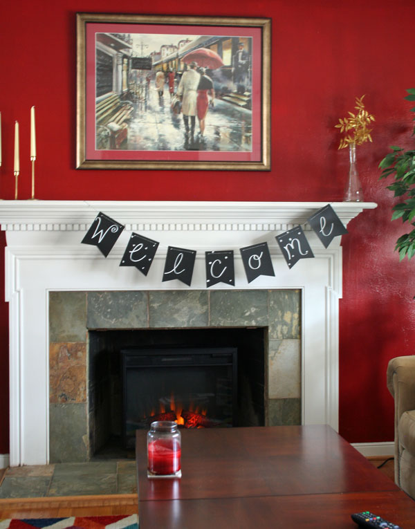 chalkboard banner for the mantle, chalkboard paint, crafts, fireplaces mantels, home decor, Then write your message on the pieces and hang