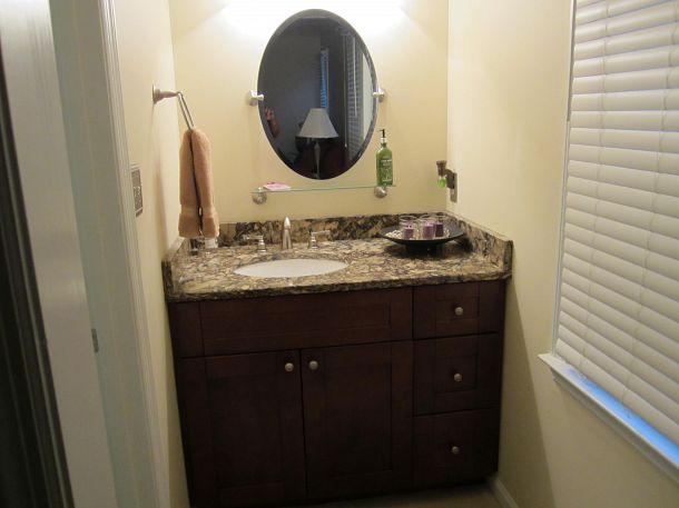 must admit this is one of the best colors cambria has this is a close up, bathroom ideas, home decor, We included the spare bath as well cherry cabinets along with a Cambria Counter Top