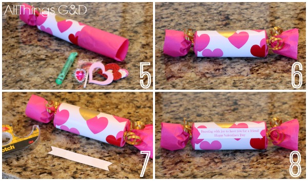 easy diy valentine poppers, crafts, repurposing upcycling, seasonal holiday decor, valentines day ideas, Fill roll with fun goodies for the kiddos I used lollipops stickers bubbles rings and erasers Tie other end with ribbon and add your label using double stick tape