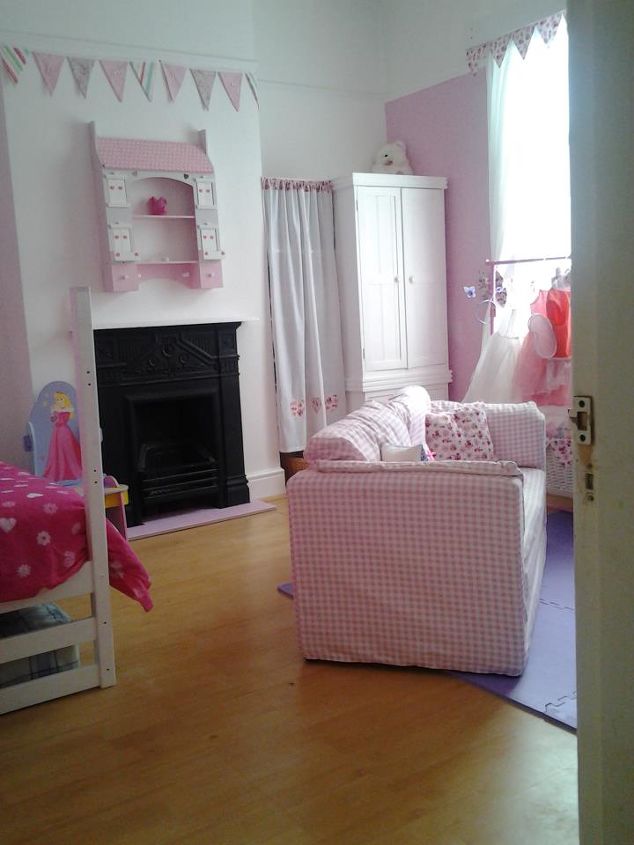 re modeled girls bedroom aged 7 amp 2 in a shabby chic style, bedroom ideas, home decor, shabby chic, The house shelf unit was 10 on Ebay it has functioning windows a lift up roof and drawers at the bottom Behind the curtain next to the wardrobe are a series of shelves holding lots of clothes