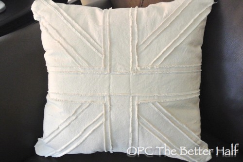pillow talk, crafts, diy, how to, Union Jack Pillow was made by sewing on 8 strips of fabric onto the basic pillow and then fraying the edges of the strips to create depth