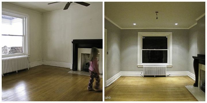 360 reforma da sala de estar, lado a lado antes e depois vazio