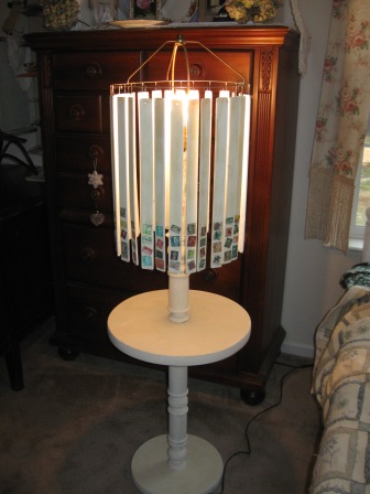 upcycled dated lamp created with louver door slats and a childhood stamp collection, crafts, lighting