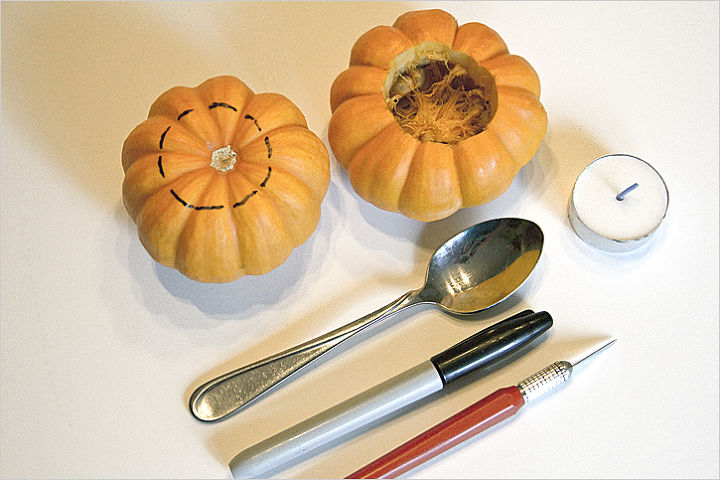 super simple minimum effort pumpkin votives, crafts, Tools required for pumpkin votives Just trace the tealight cut out the hole and scoop