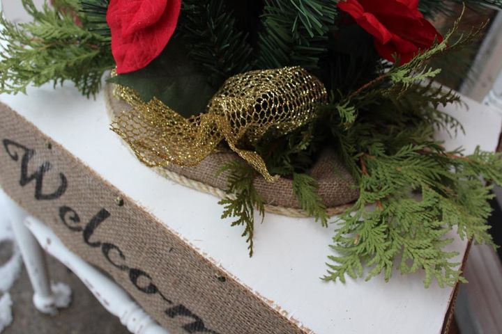 chair for charity creation, christmas decorations, repurposing upcycling, seasonal holiday decor, I sunk an old burlap bag into the hole and secured it with some nails glue and a rope to clean up the edges a little Then called my gal pal Vickie to work her fru fru i fying magic on the centre piece