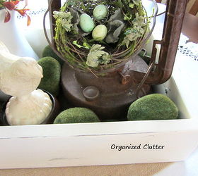 how i create a vintage spring vignette in a wooden box, home decor, repurposing upcycling, seasonal holiday decor, Fill in around larger vignette items with moss balls