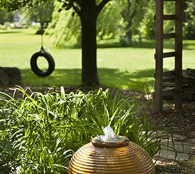 waterfall and urn, gardening, outdoor living, ponds water features, repurposing upcycling, A bubbling urn welcomes you to the backyard of this rural home
