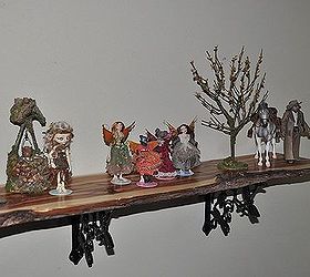 dragonfly shelf with locally harvested juniper, home decor, shelving ideas, some of the collector dolls