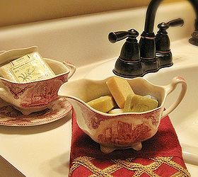 my french country guest bath, bathroom ideas, home decor, An unexpected touch a red transferware creamer and sugar hold miniature French milled soaps