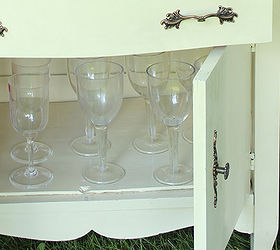 washstand turned beverage station, repurposing upcycling, The bottom cupboard was used to hold extra wine glasses