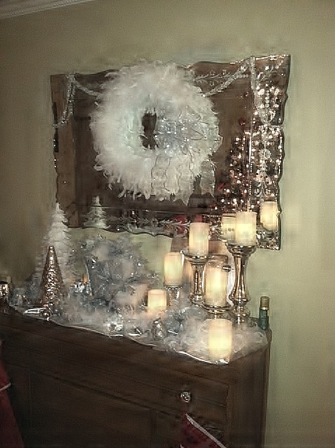 mercury glass and feathers christmas, crafts, seasonal holiday decor, wreaths, Christmas tree reflection in the mirror