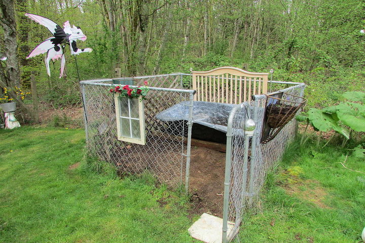 repurpose raised garden bed animal field, gardening, raised garden beds, repurposing upcycling, Dog kennel Pond liner and a crib headboard