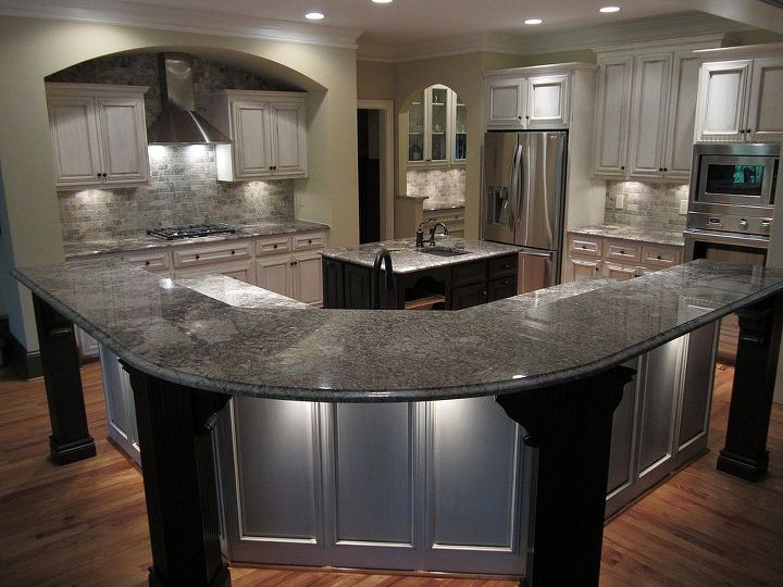 wow what a change for this kitchen, home decor, home improvement, kitchen backsplash, kitchen design, kitchen island, We loved the color so much we though we would infuse some columns and arches to add interest and allowed us to enlarge the bar top