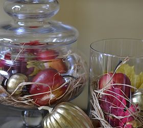 how to create a fall vignette by shopping your home, crafts, home decor, painting, seasonal holiday decor, The mix of pumpkins apples and leaves adds a variety of colors and shapes to the arrangements which add interest