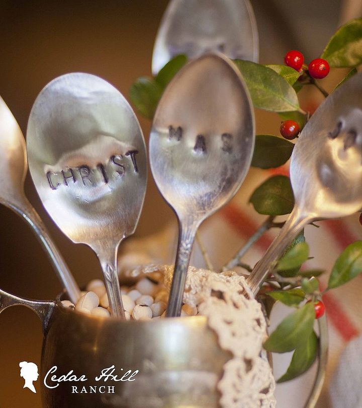 say it with silver stamped slver spoons, home decor, silver spoons that say Christmas
