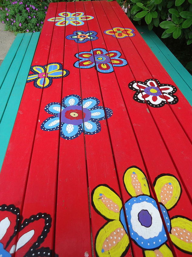 painting a unique picnic table, painted furniture, My flowers are brighter this year