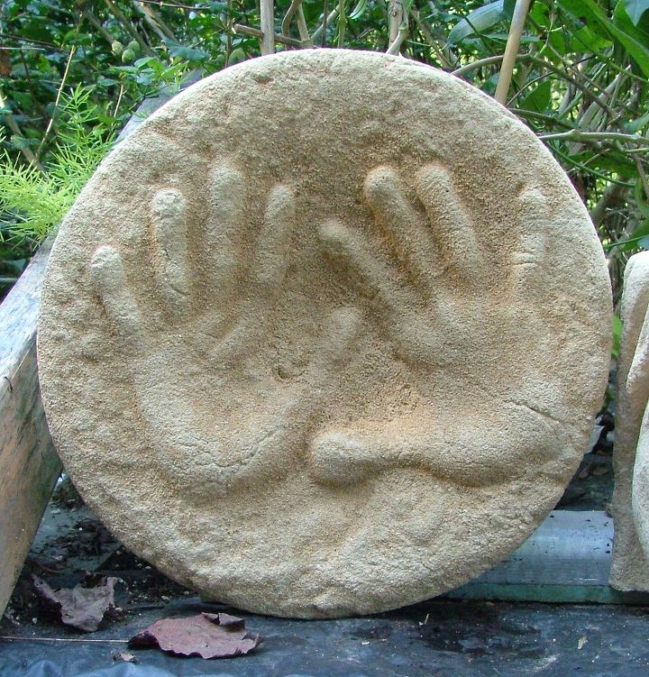 sand cast garden stones with your children s and pets hand and foot prints simple, crafts, outdoor living