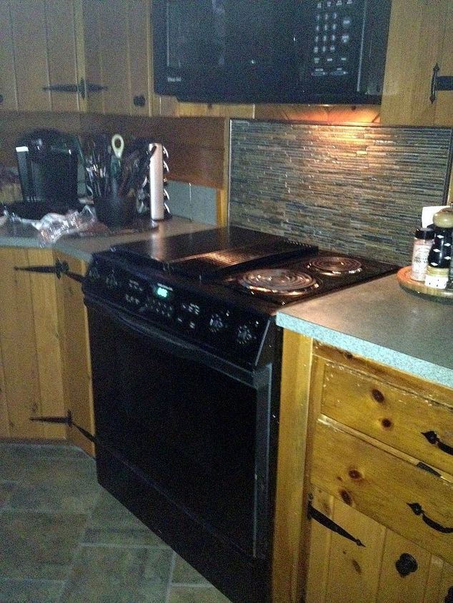 just changed the back splash and flooring in my 50 s knotty pine kitchen, home decor, kitchen backsplash, kitchen design, tile flooring, tiling, new back splash and slate tile floor