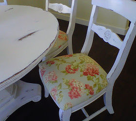 thrift store dining room table and chairs transformed, painted furniture, reupholster, The table and chairs together painted white and sanded to have aged look