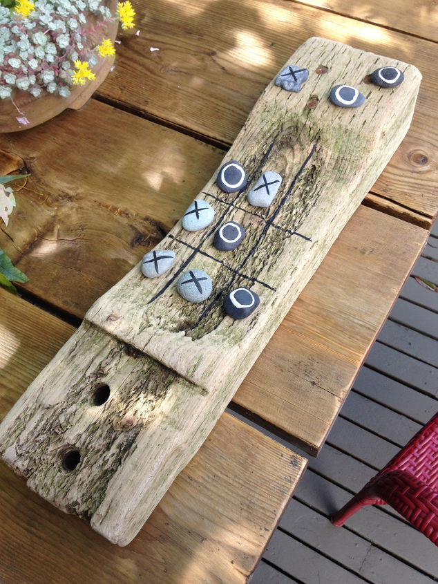 tic tac toe driftwood and pebble board game, gardening