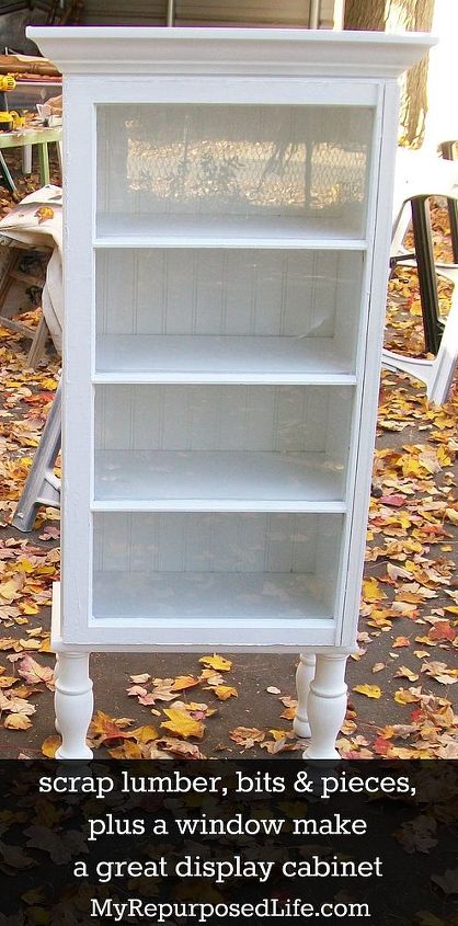 using scraps bits pieces to make a display cabinet, painted furniture, repurposing upcycling