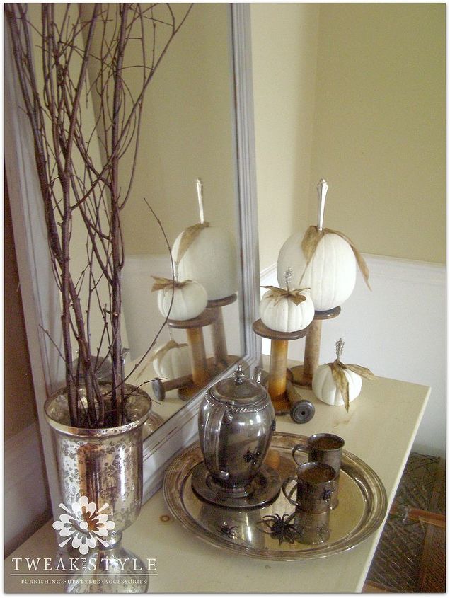 tarnished silver stemmed pumpkins, crafts, halloween decorations, seasonal holiday decor, Add some spiders and branches