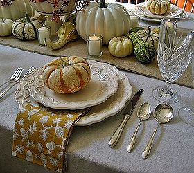 thanksgiving tablescape burlap and white pumpkins, home decor, seasonal holiday decor, thanksgiving decorations, Simple tiger pumpkins top each plate