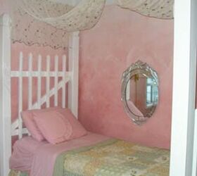 sk s chasing paint, crafts, home decor, painted furniture, We painted the walls a light pink then washed them with darker pink I built the bed out of white plastic fencing