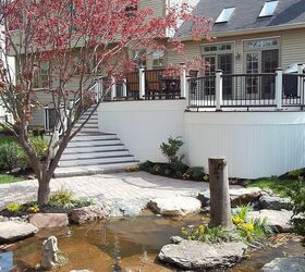 find serenity now with a water garden and patio, decks, flowers, gardening, landscape, outdoor living, patio, ponds water features, Curved deck and pond compliment one another Lentzcaping considers flow and function when designing water gardens